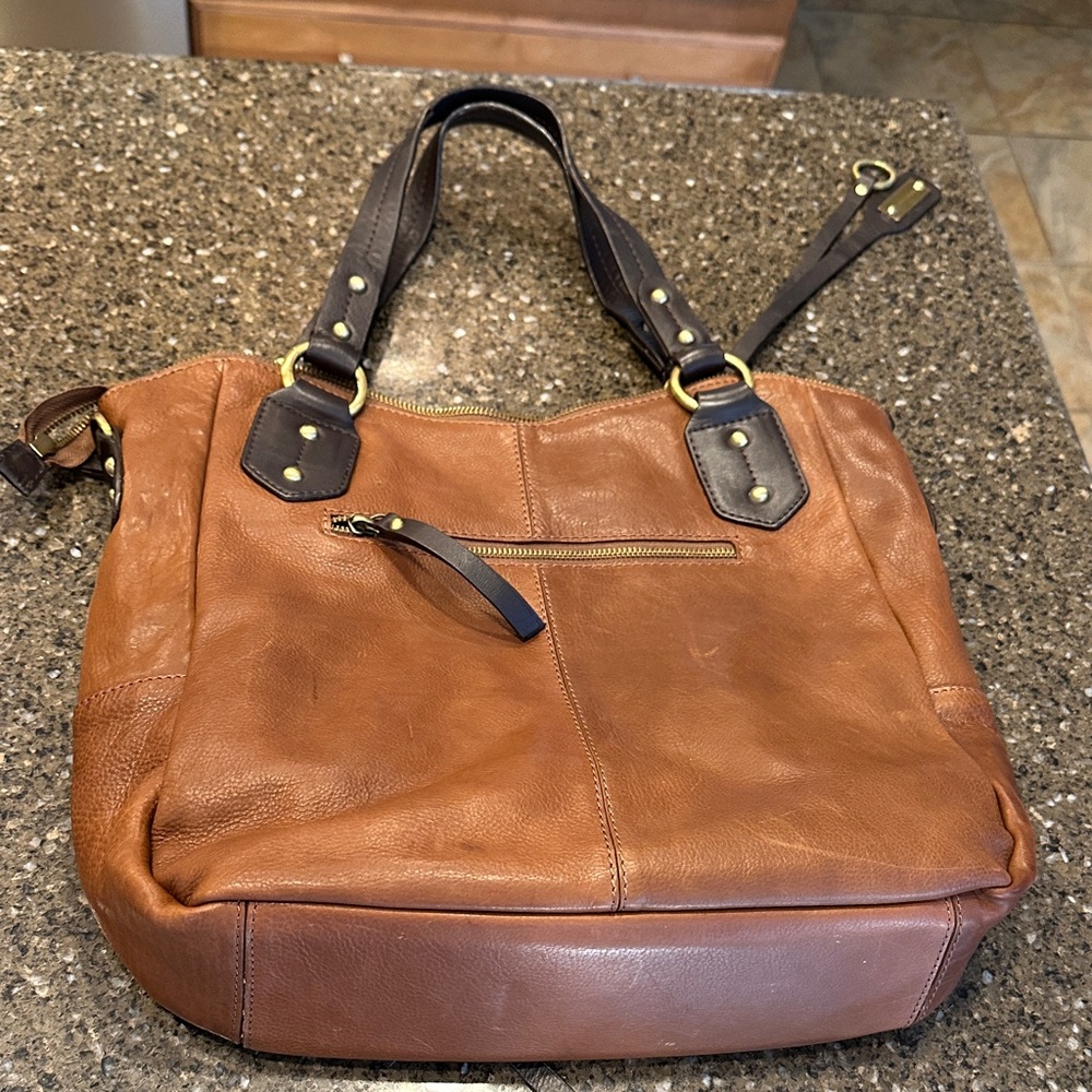 Lucky Brand Two-Tone Brown Leather Tote with Dark Brown Straps